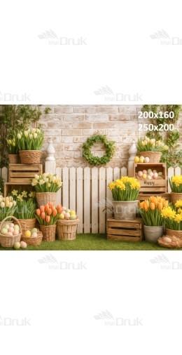 Tło fotograficzne wielkanocne z tulipanami, pastelowymi pisankami i białym płotkiem | E573